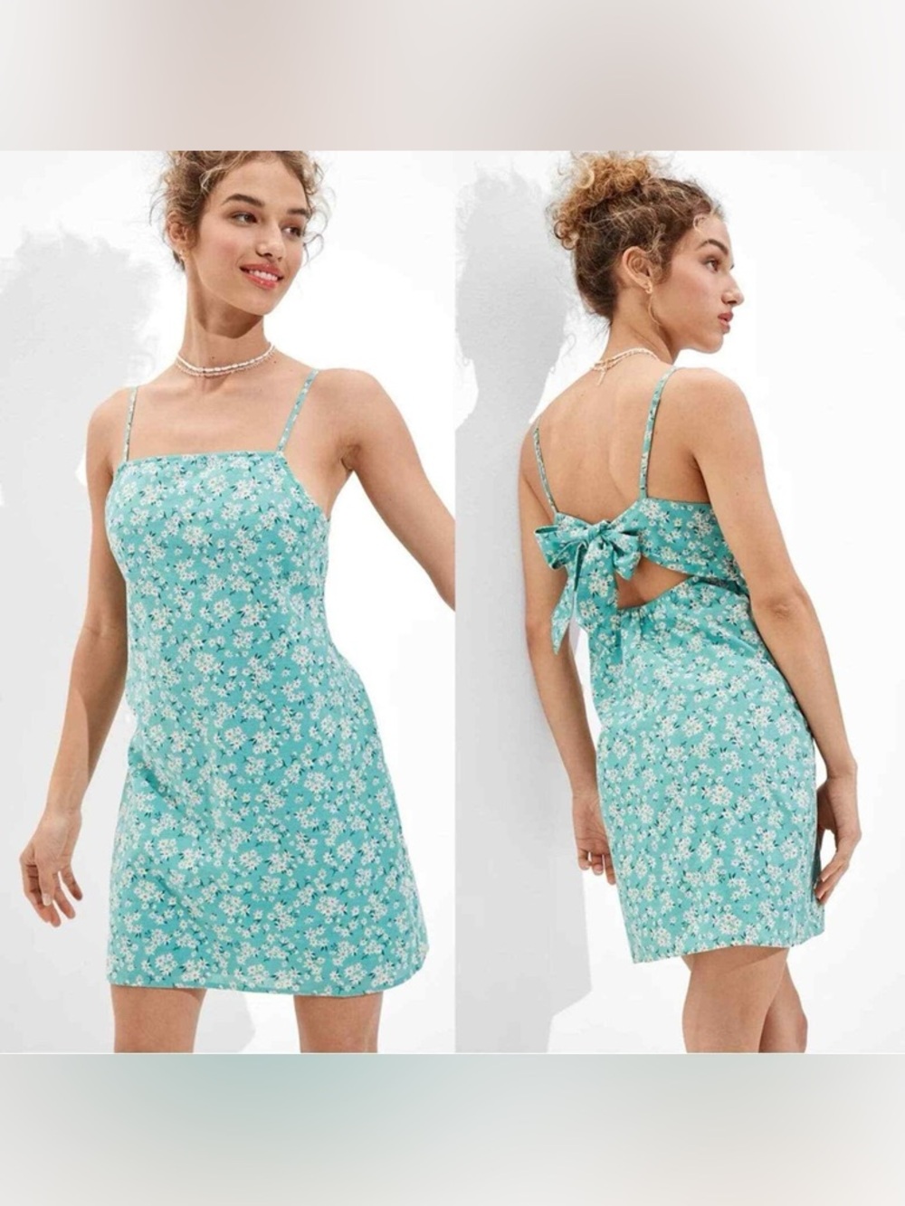American Eagle Teal Floral Tie Back Mini Dress Women’s XL Cottagecore Sundress